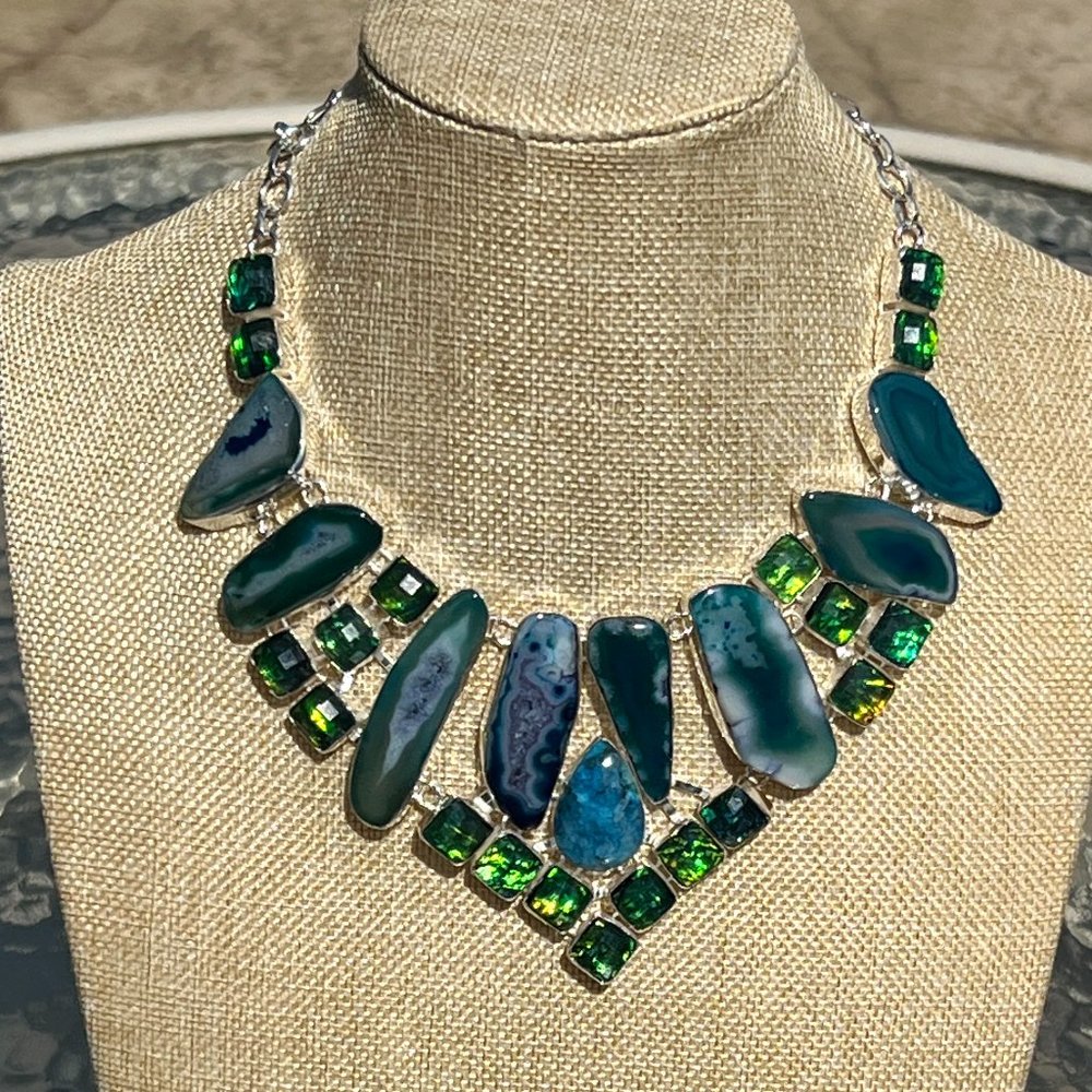 Solar Agate Necklace Triplet Opal Ocean Blue Large Handmade 925 Silver Boho New! - Picture 5 of 16